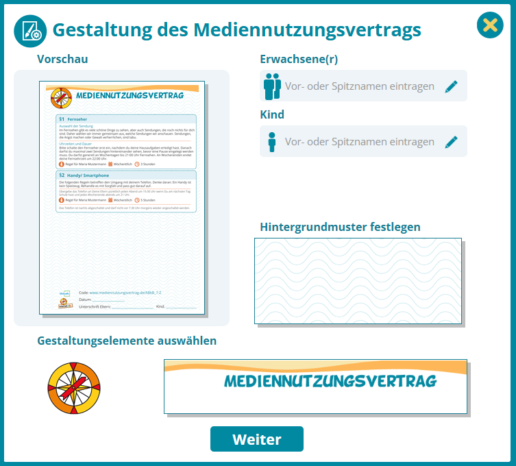 Screenshot ein Online-Formular zum Erstellen eines Mediennutzungsvertrags