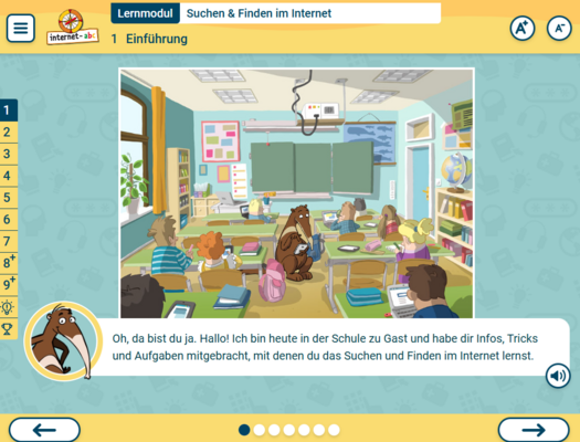 Lernseite mit einem Comic-Klassenzimmer, in dem ein Ameisenbär ein Buch liest
