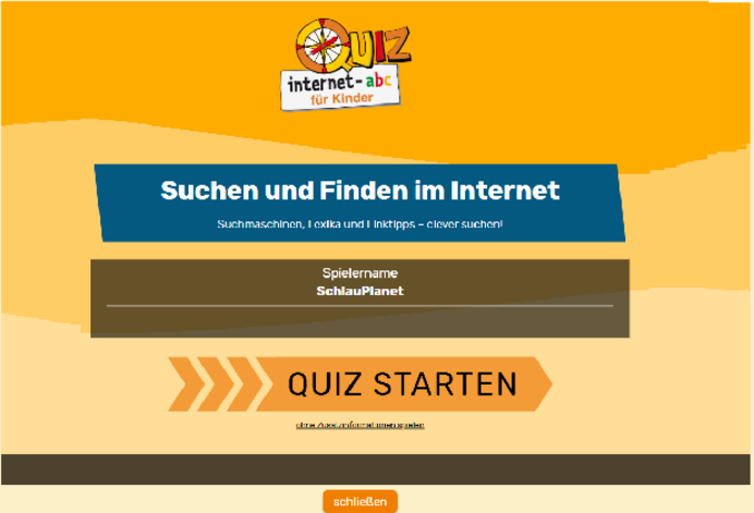 Orangefarbene Quizseite mit Spielername